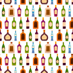 Different glossy bottles with alcohol in a row on white, seamless pattern
