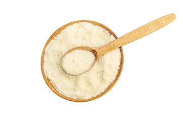 Wooden plate with wooden spoon and grated parmesan on white. Top view.