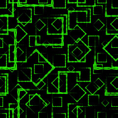 A lot of green rhombuses and squares in chaos on a black background.