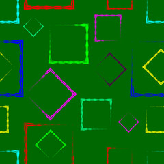 Multi-colored rhombuses and squares on a green background.