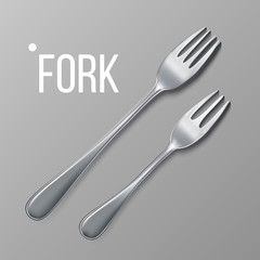Fork Vector. Silver Metal Fork Top View. Restaurant Silverware Tool. 3D Realistic Illustration