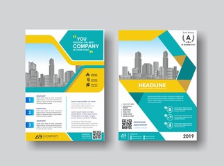 Vector Business brochure, flyers design template, company profile, magazine, poster, annual report, book & booklet cover, with green wavy line, and cityscape vector in background elements, size a4.