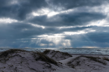 Strong wind on Baltic sea beach, Liepaja, Latvia.