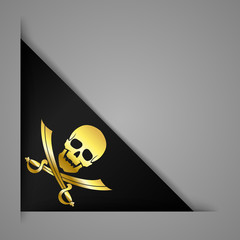 Jolly Roger. Black ribbon bookmark. Realistic corner tape. Golden skull with scratched sabers. Vector illustration.