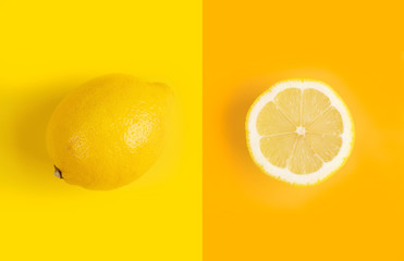 conceptual photo lemon, ripe and appetizing lemon on a yellow background, a dietary product useful for health and heart with antioxidants
