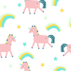 Fashion kids print with magic unicorn and rainbow. Cute childish seamless pattern for textile or wallpaper. Vector hand drawn illustration.
