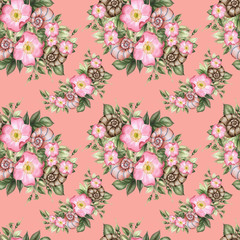Roses and shells. Watercolor flower seamless pattern on pink coral background.
