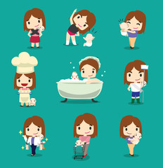 Woman Character Cute Cartoon with baby housemaid Vector