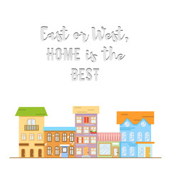 City street with Houses on  road in town. Flat cartoon style vector illustration.