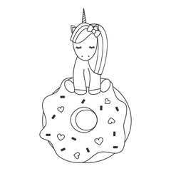 cute vector black and white cartoon lovely unicorn sitting on a big donut illustration for coloring art © Alice Vacca