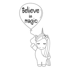 cute cartoon black and white vector unicorn with balloon illustration for coloring art