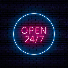 Beautiful neon inscription open 24 hours 7 days a week. Located in the center of the circle. Ready sketch for neon sign. Vector Illustration - obrazy, fototapety, plakaty