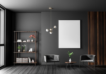 Mock up poster frame in Scandinavian style hipster interior. Minimalist modern interior design. 3D illustration.