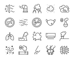 set of air pollution icons, such as, smoke, dust, gas, industry, pm 2.5