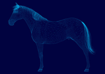 Vector polygonal horse wireframe made of blue lines on a dark background. Side view. 3D. Vector illustration