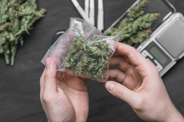 A drug dealer holds a packet of marijuana weed