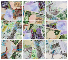 Kuwaiti Dinar and Qatar Riyal Banknotes background.