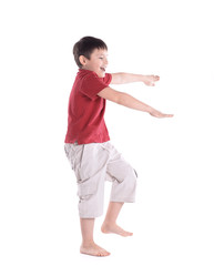 little boy is preparing to perform morning gymnastics.isolated on white
