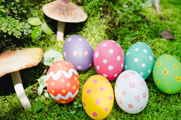 Beautiful Easter multi color egg on garden green grass