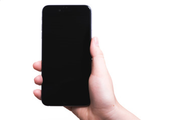 Female hand holding smartphone plus blank black screen
