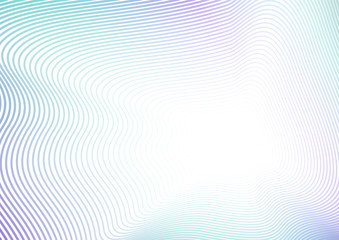 Light striped background. Colored waving thin curves. Turquoise, purple gradient. Futuristic line art pattern with flash effect. Concept of perspective. Vector abstract frame. EPS10 illustration