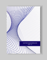 Book cover layout. Subtle warp dark blue, gray lines. Sci-tech line art pattern. White background, text box. Abstract vector template A4 for brochure, portfolio, leaflet, catalog, poster, flyer. EPS10
