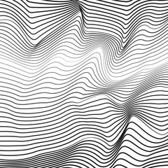 Abstract black and white background. Vector squiggle, broken subtle lines. Optical illusion, deformed surface. Chaotic striped, waving pattern, simple waveforms. Technology line art design. EPS10