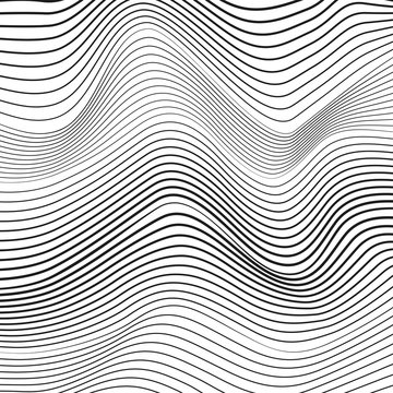 Black squiggle lines on a white background. Monochrome horizontal op art design. Vector simple pattern. Abstract digital graphic, deformed surface. Technical concept, thin curves, subtle lines. EPS10