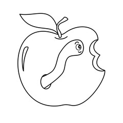 worm in apple cute funny black and white cartoon vector illustration for coloring art