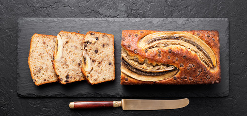 Homemade healthy banana bread or cake for breakfast.
