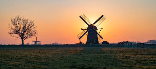 Silhouettes of a solitary tree and dutch windmill against an orange sky. Wide open dutch landscape...