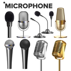 Microphone Set Vector. Audio Equipment. Music Icon. Vintage Concert. Modern And Retro. Communication Musical Symbol. Performance Karaoke Object. 3D Realistic Isolated Illustration