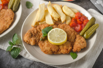 Homemade german schnitzel with pickles