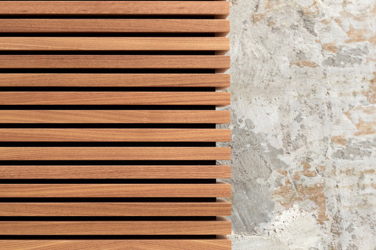Wooden slats with concrete texture. Horizontal plank line arrange pattern texture background. Space for text. Natural wood lath line