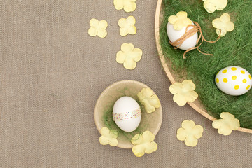 Easter composition with eggs, yellow flowers on white background. Eco style. Space for text 