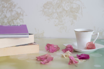 A cup of coffee,service cake in the plate and tea for concept.