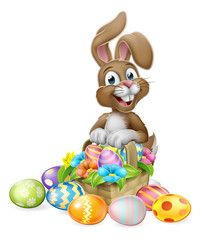 An Easter bunny rabbit cartoon character with a basket on an Easter egg hunt