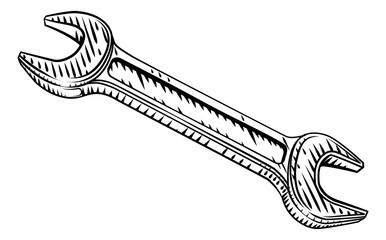 Plumbers or mechanics spanner or wrench in a vintage intaglio woodcut engraved or retro propaganda style