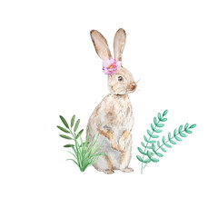watercolor brown bunny with a flower