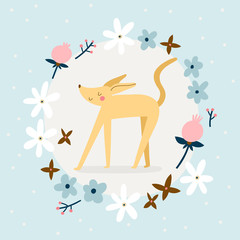 Cute illustration with a Dog and Floral Wreath. Lovely greeting card or a poster design. Hand drawn smiley character.