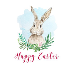 watercolor easter bunny with blue background