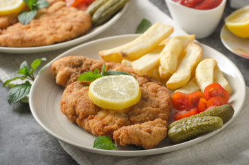 Homemade german schnitzel with pickles