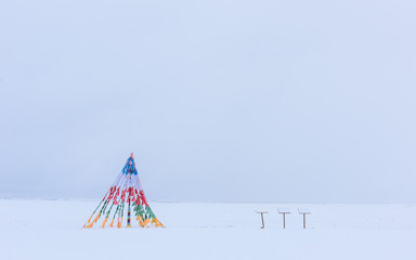 snow scene of the lake Namtso ( or Lake Nam; Nam Co), which is a mountain lake in...