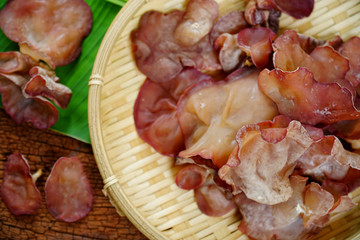 Auricularia auricula-judae or Jews ear mushrooms on white background. Organic fresh ear mushrooms for cooking vegetarian food, vegetarian food concept.