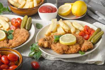 Homemade german schnitzel with pickles