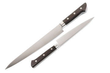 Two kitchen knives shot on white surface, isolated