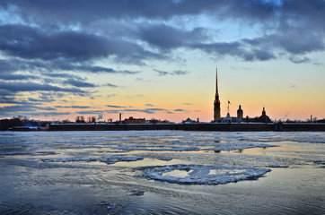 Naklejka premium Snowy winter in St. Petersburg, one of the most beautiful cities in Europe