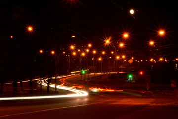 Night city lights, road, speed, long exposure