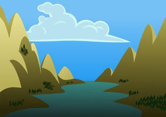 A landscape of a river in the middle of two big mountains. Vector Illustration.