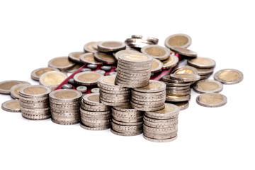 Euro coin pile with pocket calculator